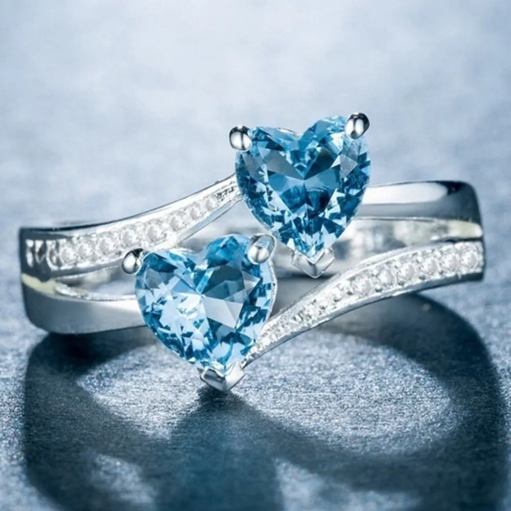💞925 Silver Plated Sea Blue Heart Cut Emerald Exquisite Ring, GPMB1526